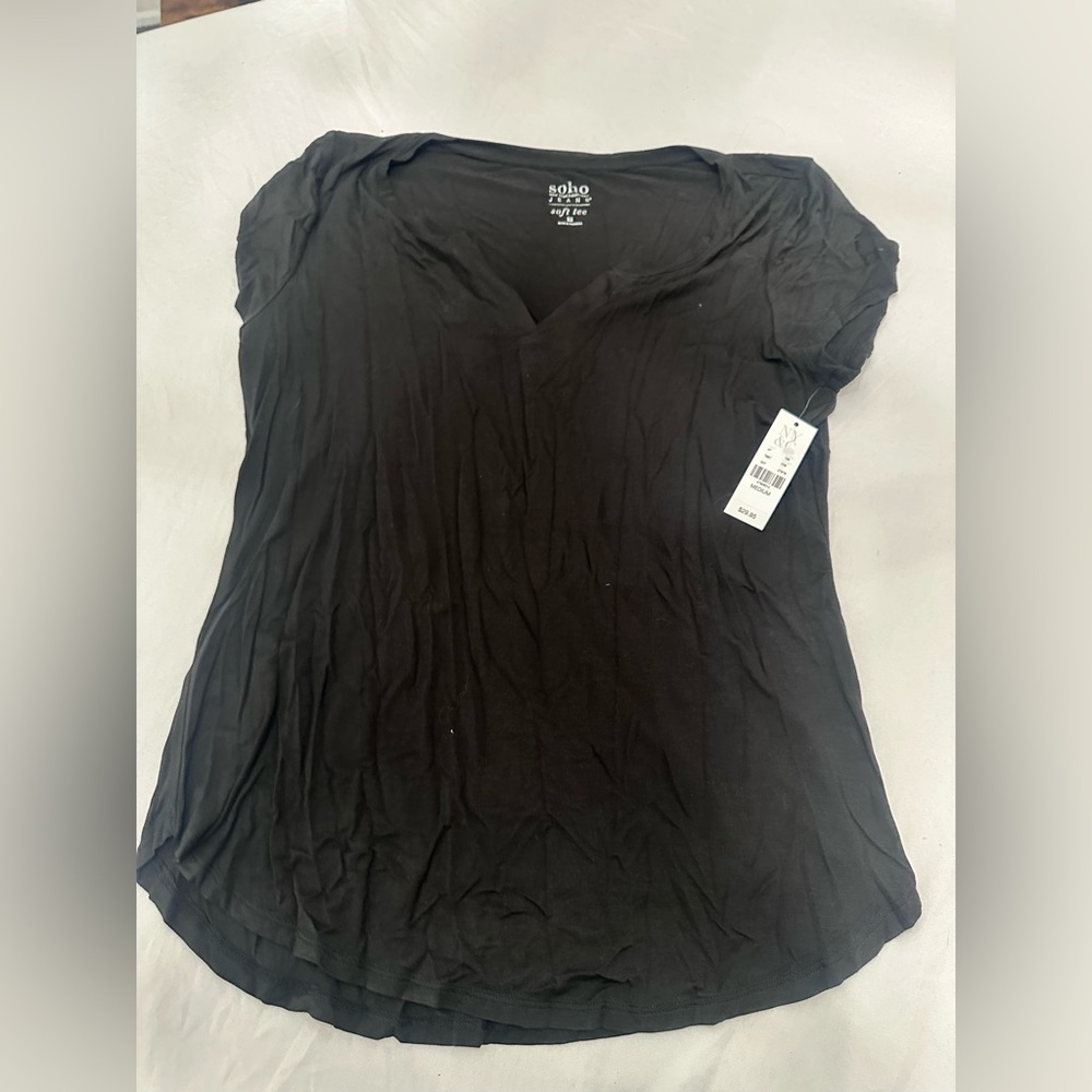 New York & Company Black V-Neck Short Sleeve Top